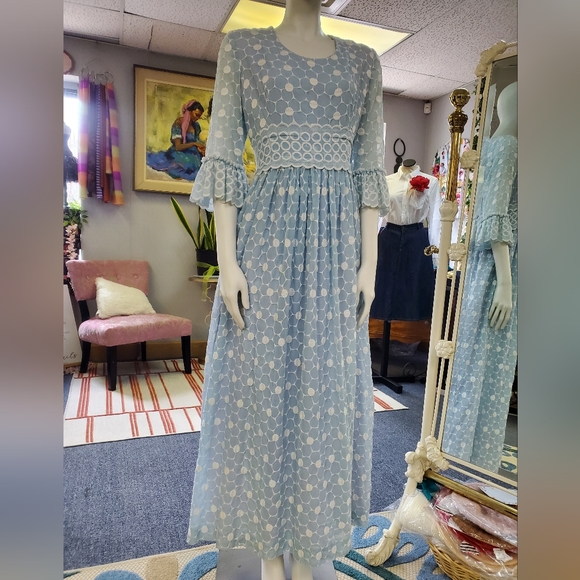 Vintage late 60s, Early 70s Baby Blue Embroidered Eyelet Circle Maxi Dress - Picture 14 of 16